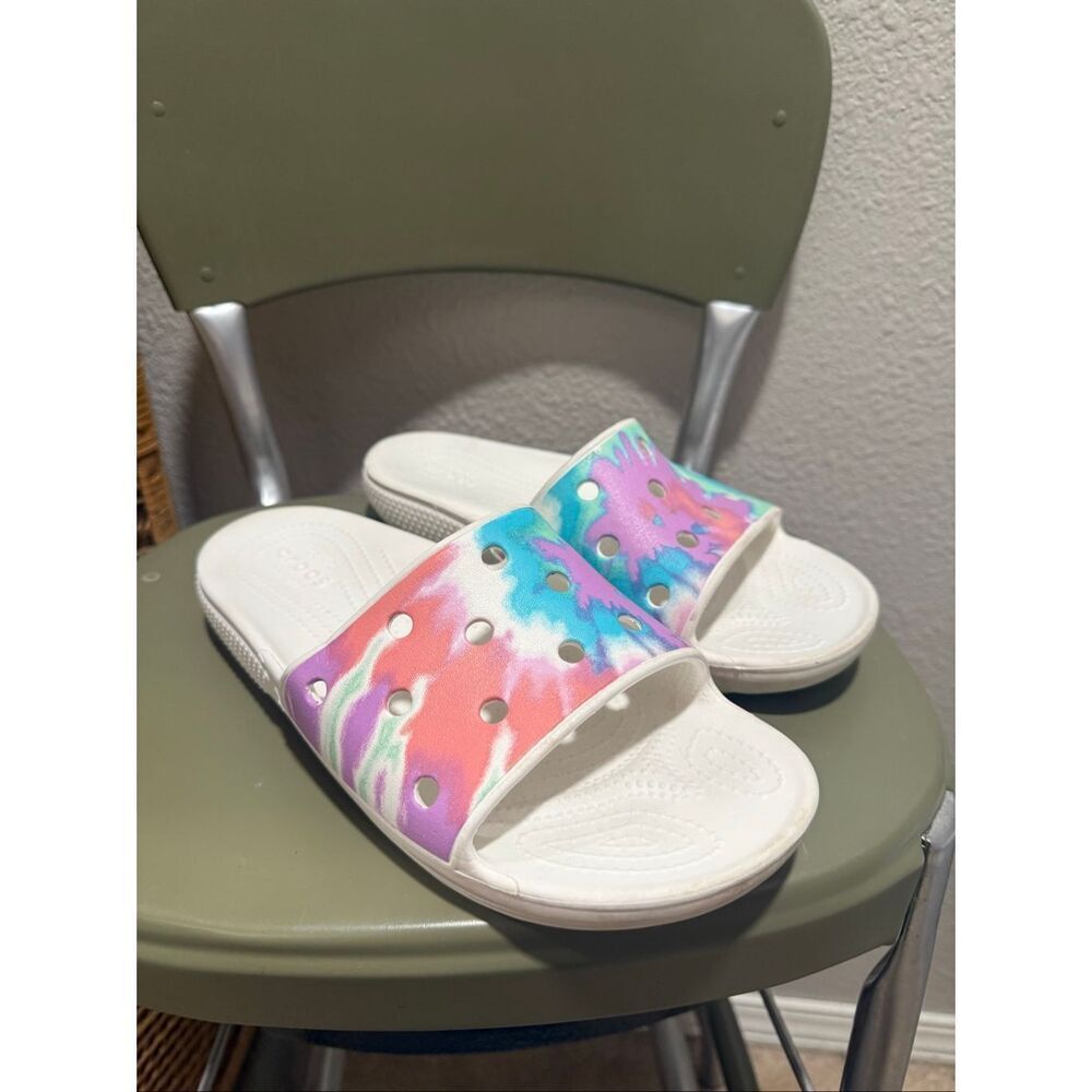 Crocs White Rainbow Classic Tie-Dye Waterproof Slip-On Slide Sandals‎ Size 8